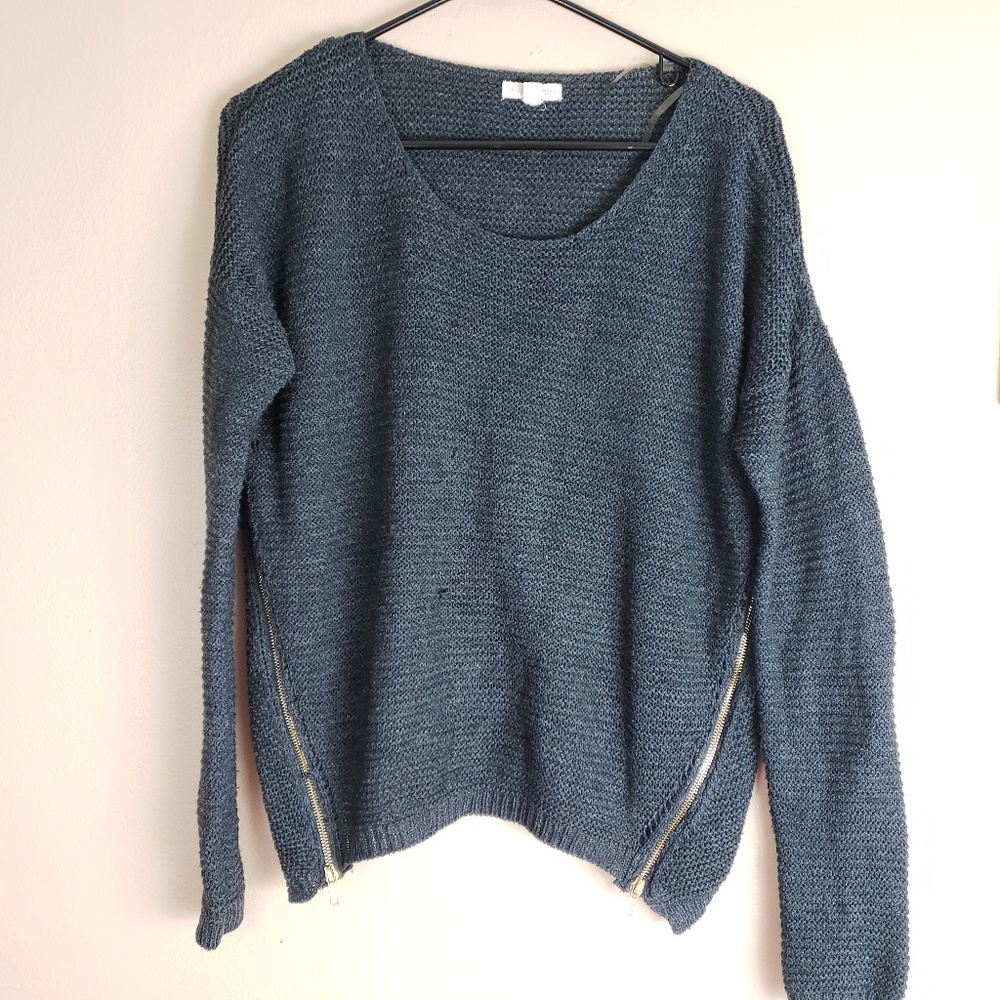 Oversized Knit Sweater Gray Size Small Zippers F5